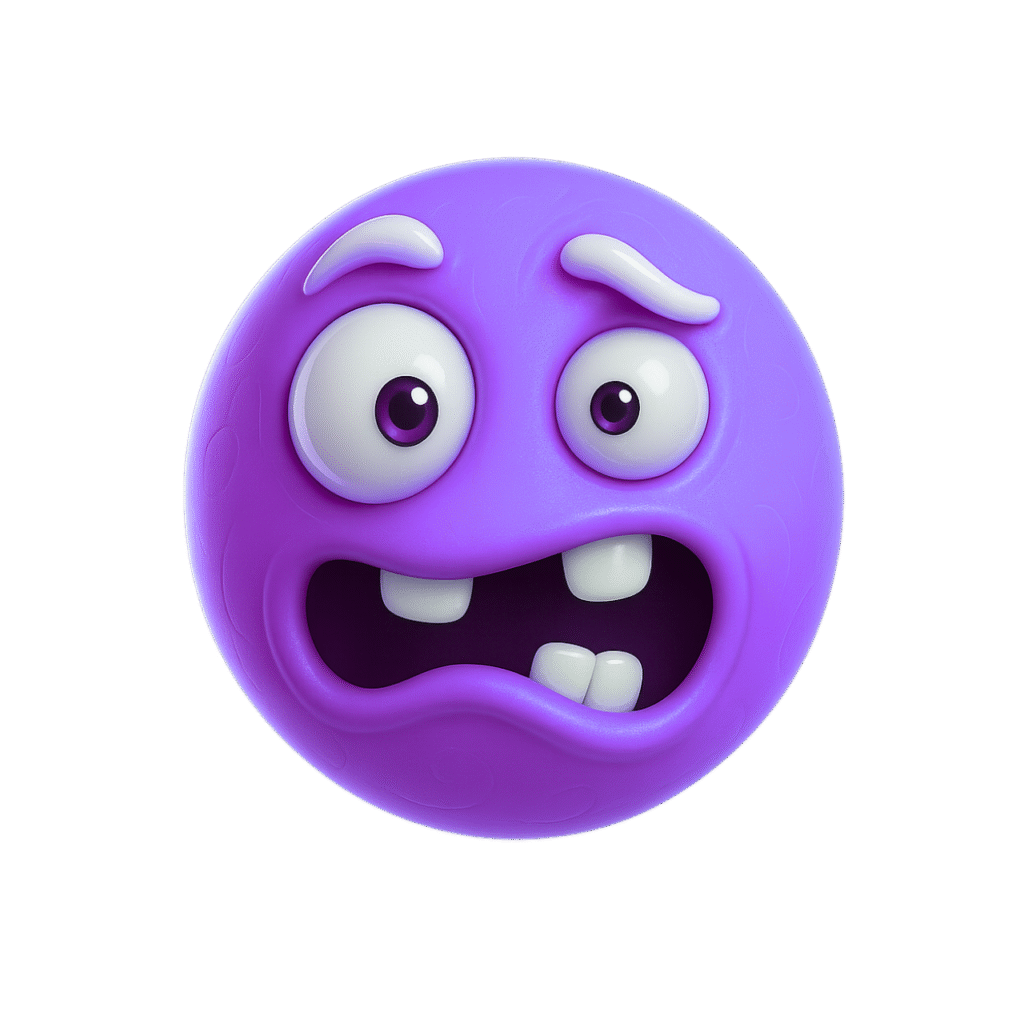Purple cartoon emoji face with wide eyes and an anxious, goofy expression