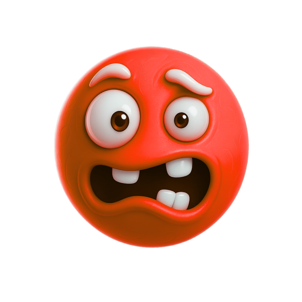 Weird red emoji face with panicked cartoon expression and bulging eyes