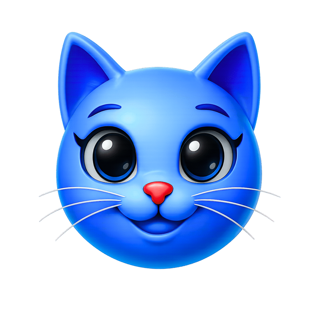 3D blue cat face emoji with big sparkling eyes, red nose, and glossy texture