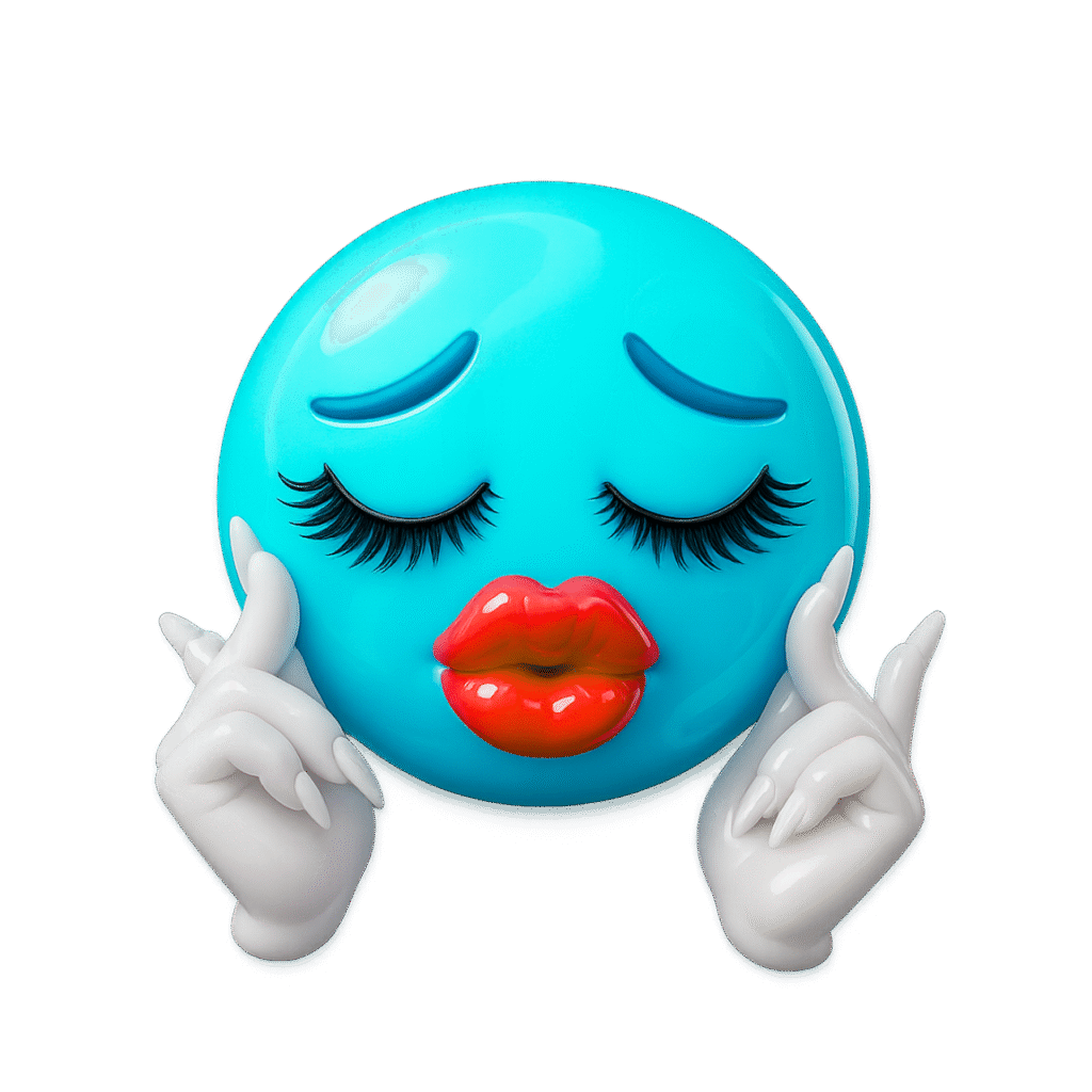 Blue emoji with kissy lips, long lashes, and white-gloved sassy hand pose