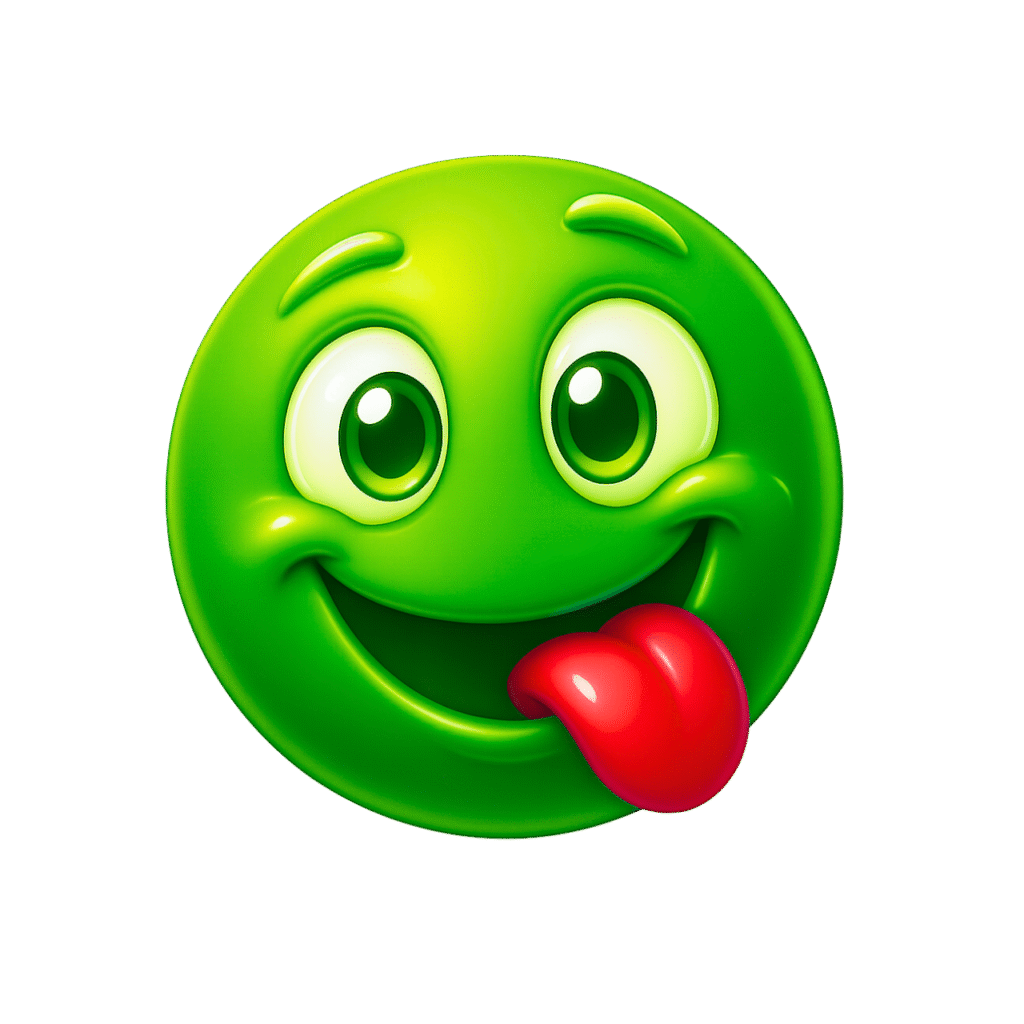 3D Green Yum Emoji with Red Tongue and Glossy Eyes – Transparent Background