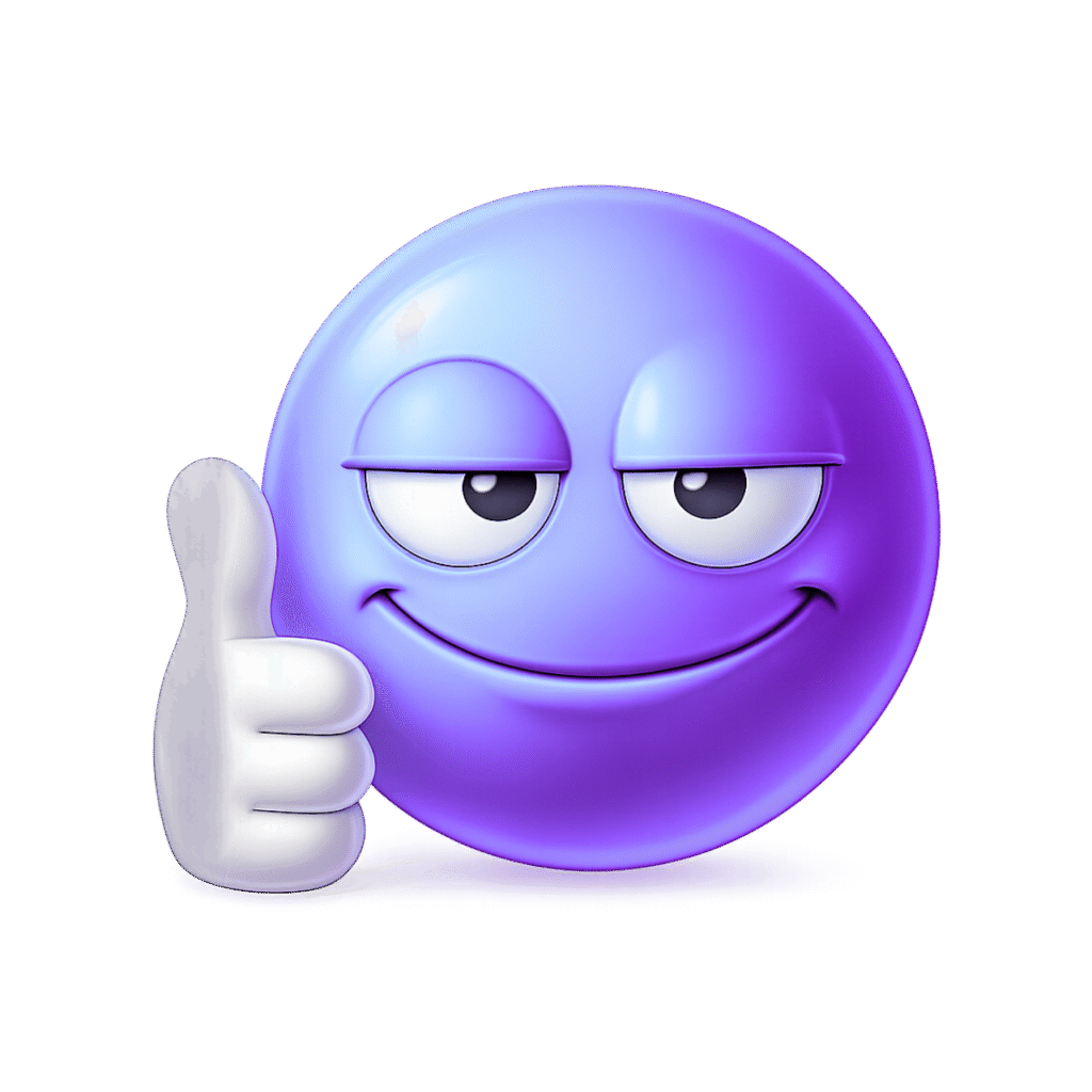 3D purple-blue emoji with confident eyes and thumbs-up gesture, on a transparent background