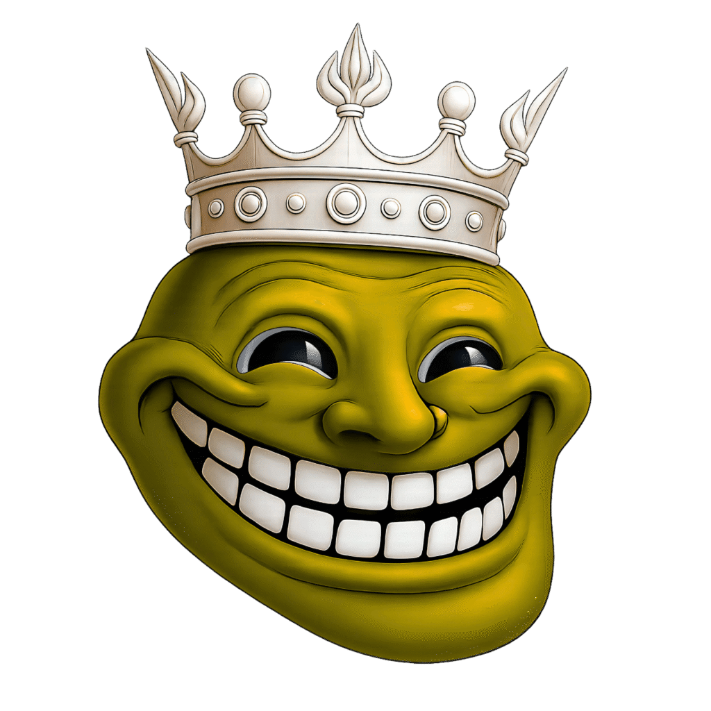 Golden troll face meme with a bright white royal crown on a transparent background in high-resolution PNG format.