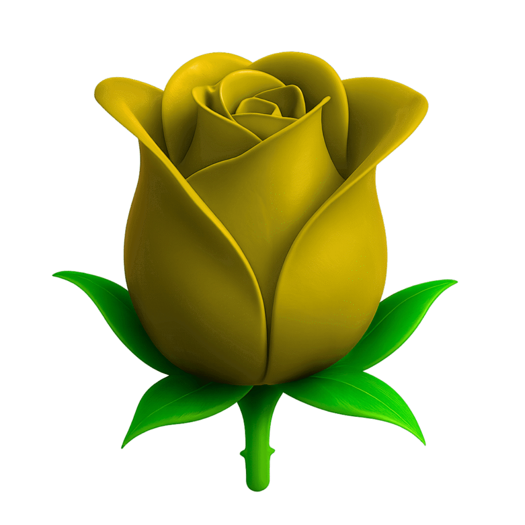 3D yellow rose emoji with green leaves on transparent background – PNG clipart