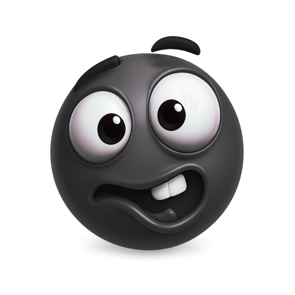 Goofy Ahh 3D black emoji with big cartoon eyes and silly crooked smile – transparent PNG for memes, reactions, and fun designs.