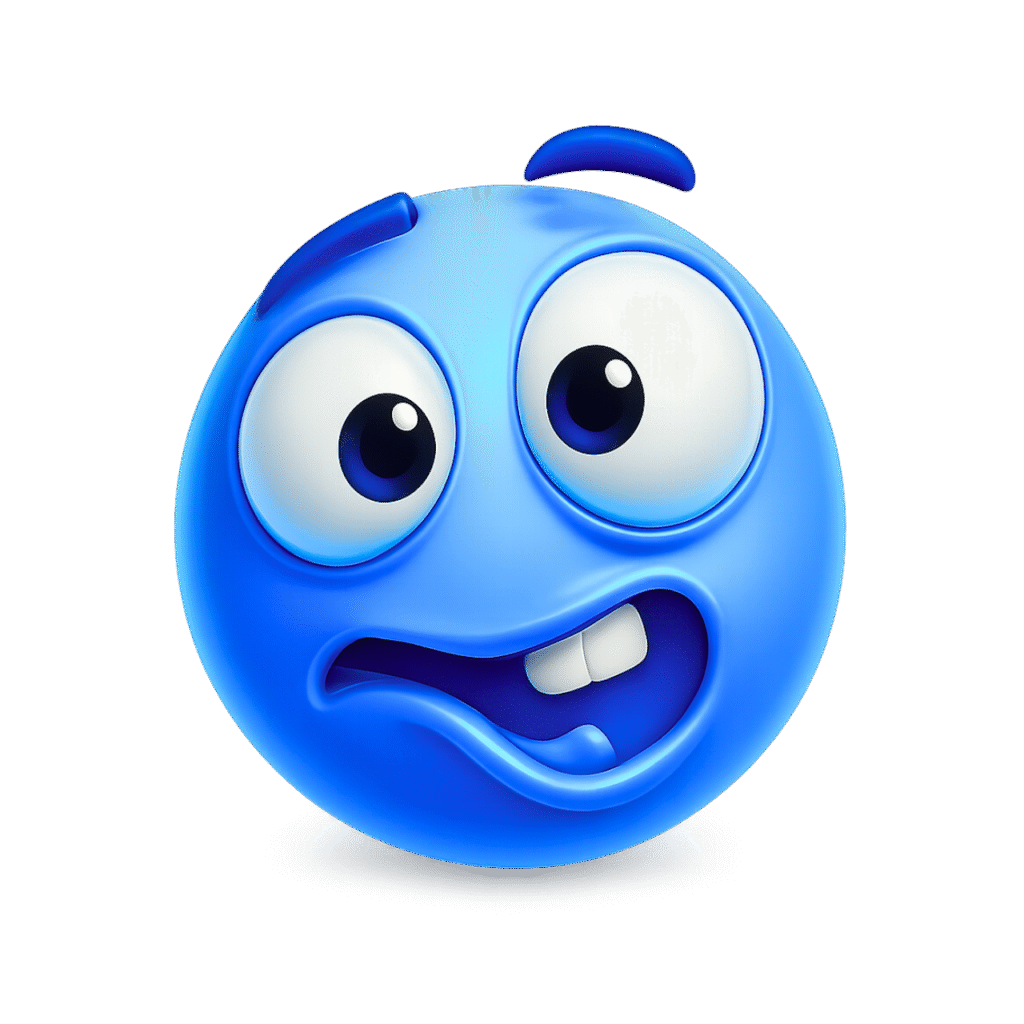 Goofy Ahh blue emoji with bulging eyes, awkward smile, and shiny 3D cartoon face on transparent background