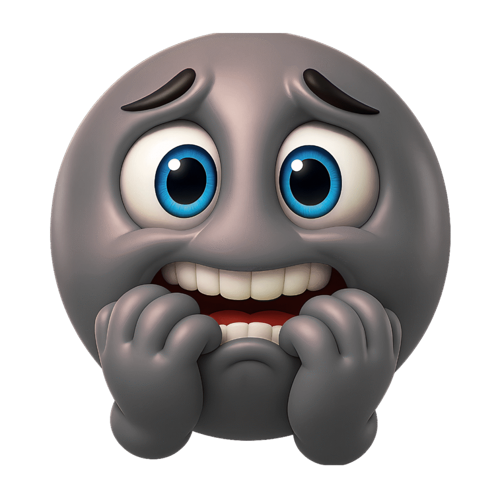 Gray anxious emoji with wide eyes and nail-biting hands showing fear or panic – transparent PNG ClipArt