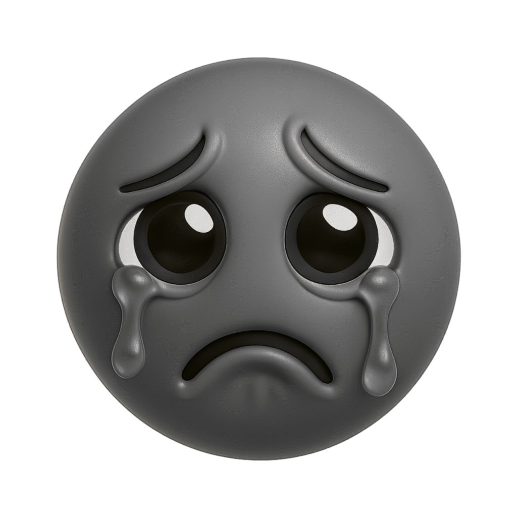 3D gray crying emoji with sad eyes, furrowed brows, and teardrops on a transparent background for meme use.