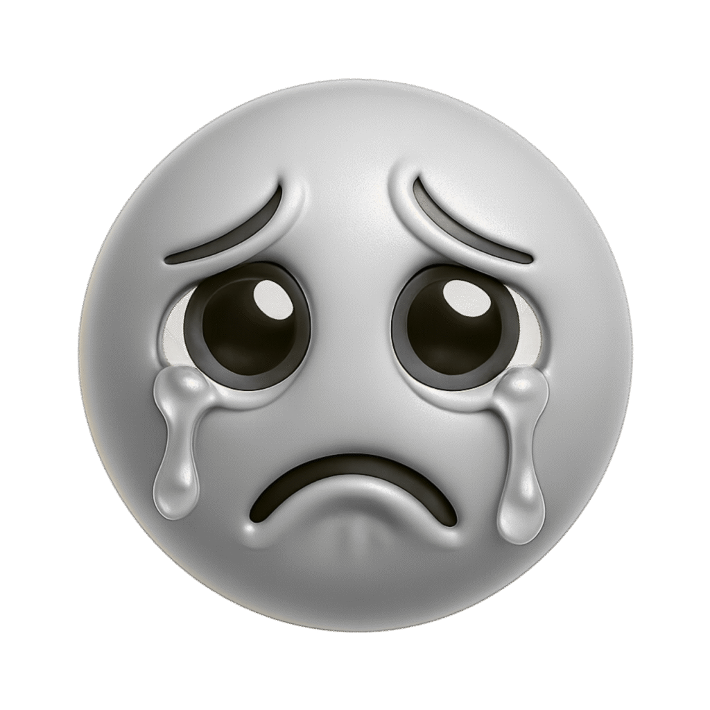 Monochrome gray 3D crying emoji with big teardrops and a sad face expression, isolated on a transparent background.