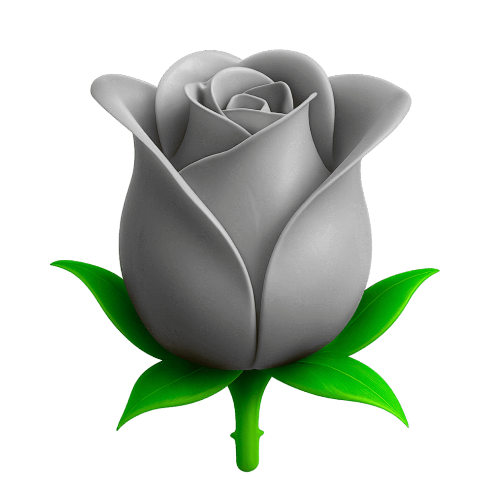 3D gray rose emoji with green stem and leaves – grayscale flower illustration on transparent background