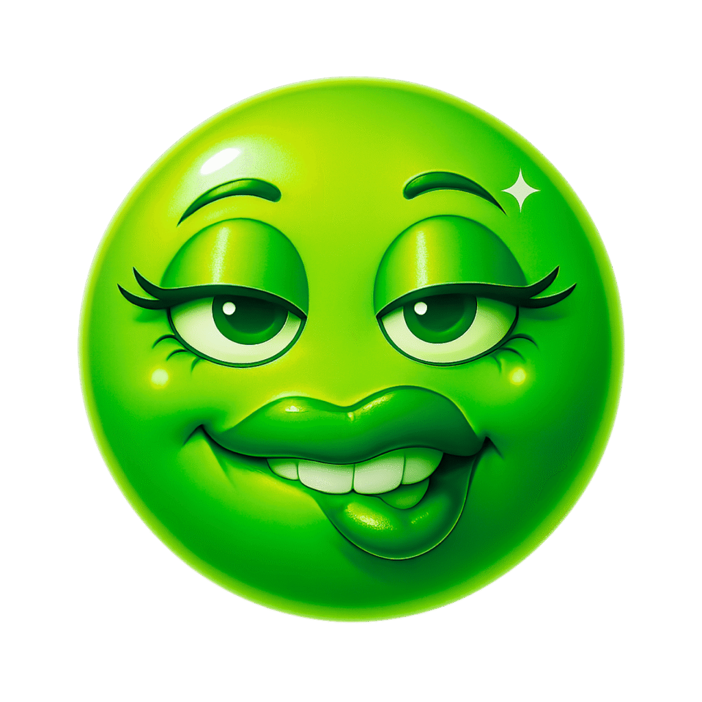 Green 3D emoji with seductive eyes, biting lip, glossy lips, and playful expression on transparent background