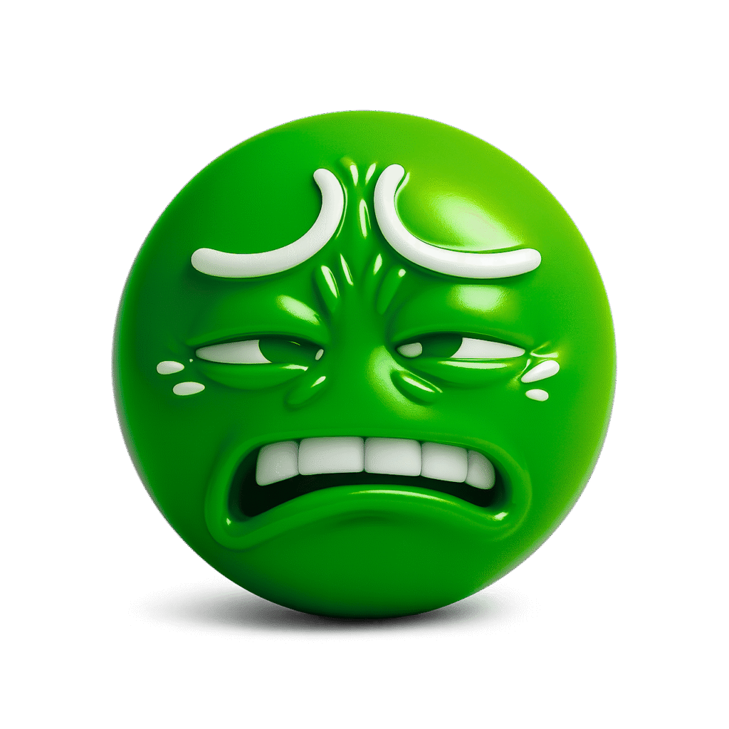 Glossy green 3D ew emoji showing disgusted cringe face with furrowed brows, clenched teeth, and teary eyes on transparent background