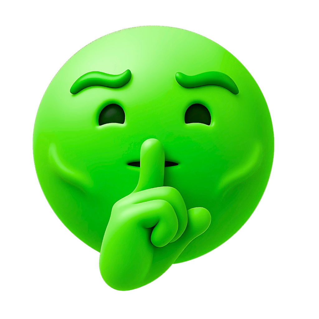 Green 3D emoji with finger on lips making a shh gesture, indicating secrecy or silence