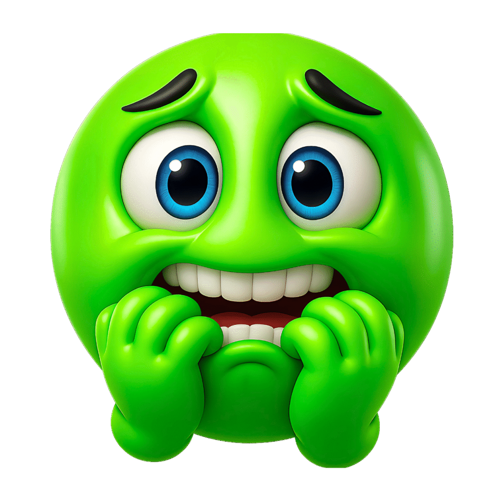 Green emoji with wide blue eyes, clenched hands, and anxious expression – high-quality transparent PNG ClipArt