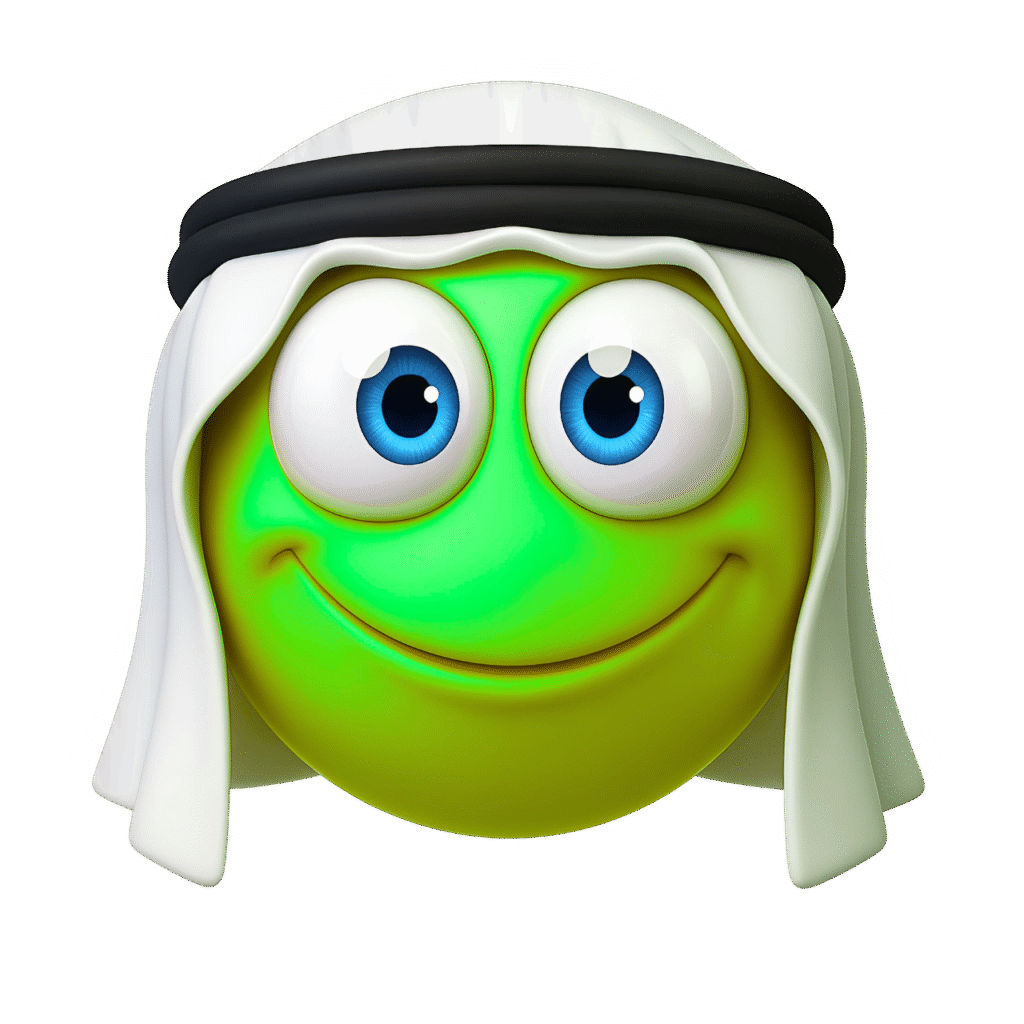 Smiling green Arabic emoji face with blue eyes wearing white keffiyeh and black agal on transparent background