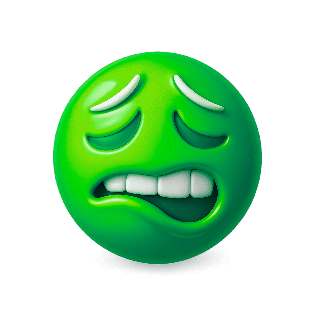 3D green bite lip emoji with worried expression, glossy surface, raised brows, and clenched white teeth on a transparent background.
