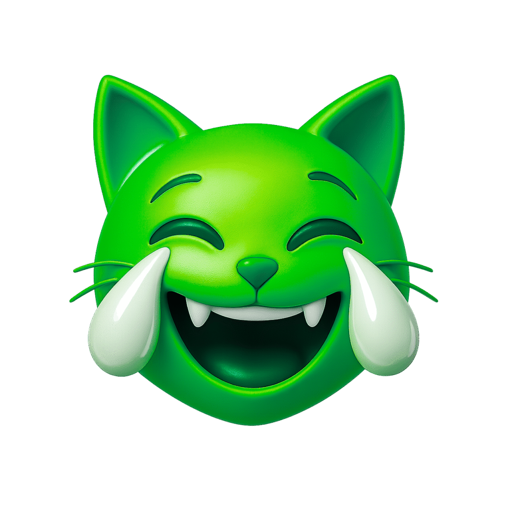 3D green cat emoji laughing with shiny white tears, cartoon-style cute face with fangs and transparent background