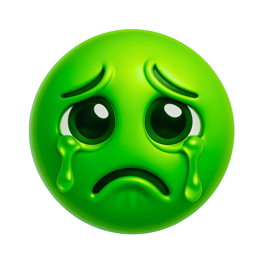 Green 3D crying emoji with big teary eyes, downward eyebrows, and a sad mouth on a transparent background for meme use.