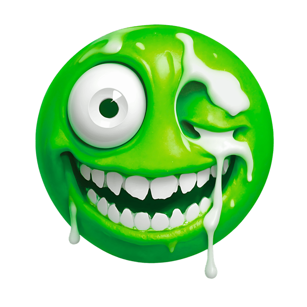 3D green freaky emoji with melting white eye and teeth, dripping slime expression, transparent background