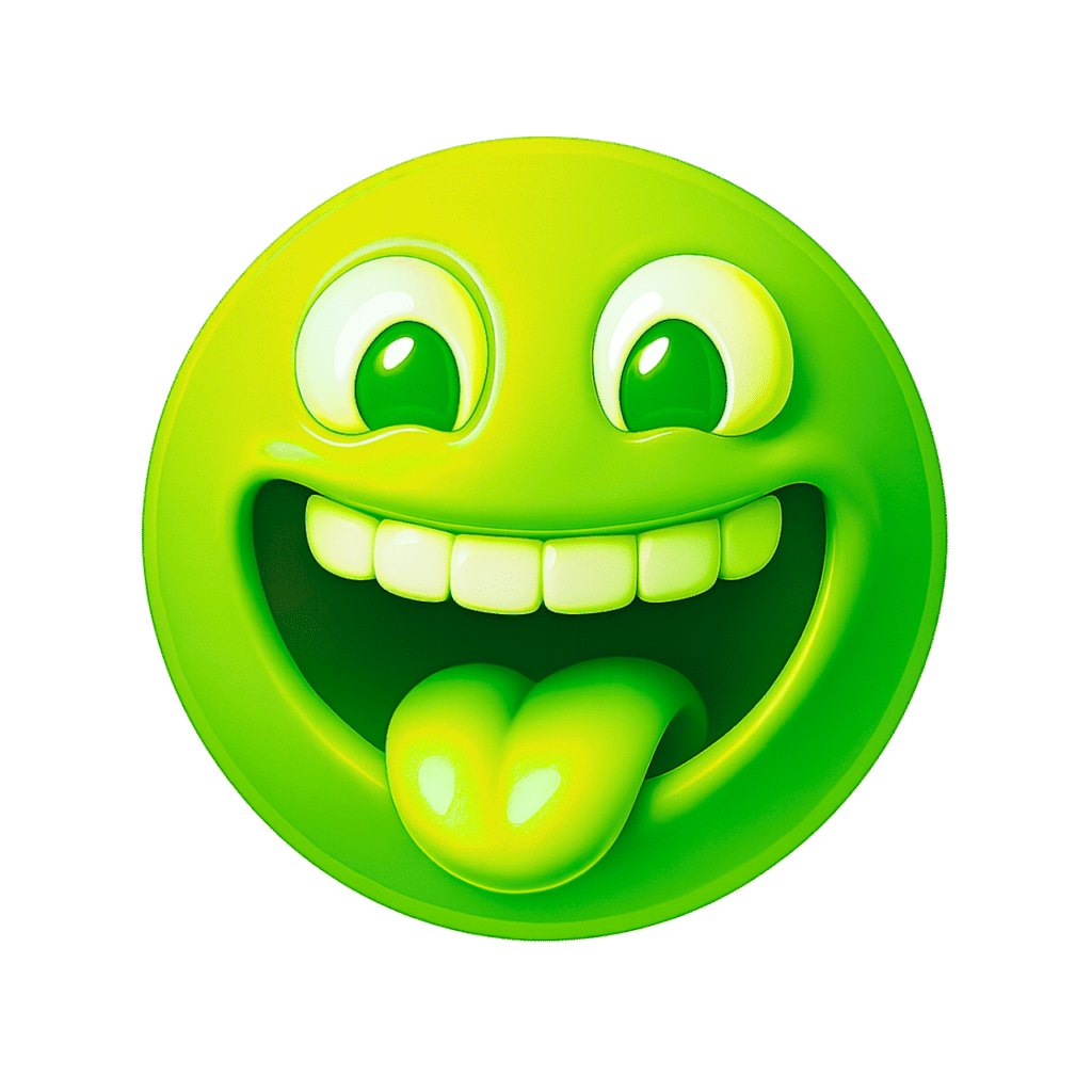 Funny green 3D emoji with tongue out, glossy face, white teeth, and big expressive eyes &ndash; transparent PNG