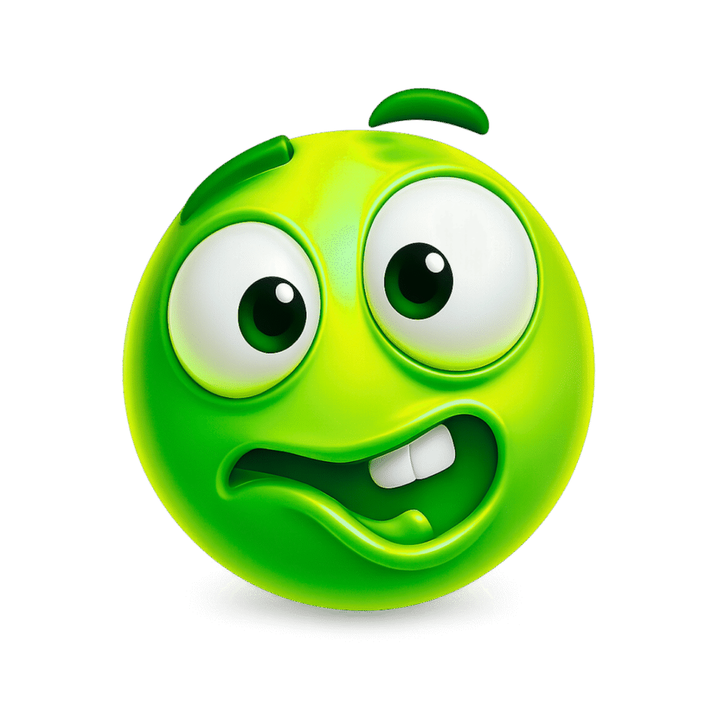 3D green goofy ahh emoji with big bug eyes and awkward tilted smile – transparent PNG ideal for funny memes and reaction content.