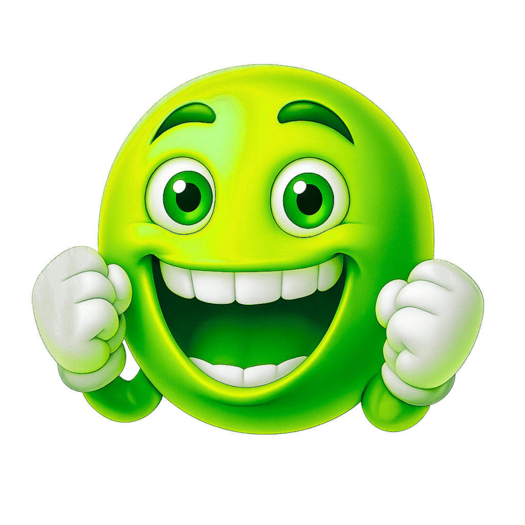 3D Green Happy Emoji with Raised Fists and Big Smile – Transparent PNG Emoticon