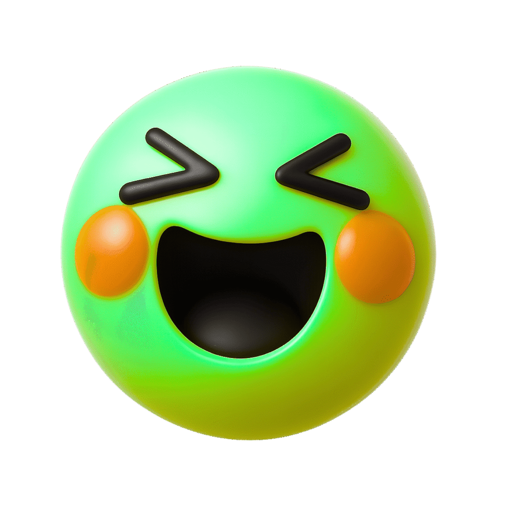 3D green happy emoji laughing with closed eyes, wide open mouth, and orange blush cheeks on transparent background