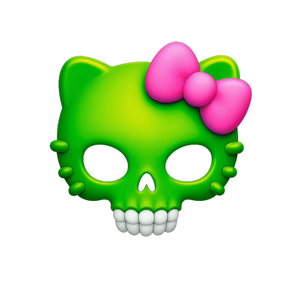 Green Hello Kitty Skull Emoji PNG with Pink Bow – Transparent Background ClipArt for Cute-Goth Designs