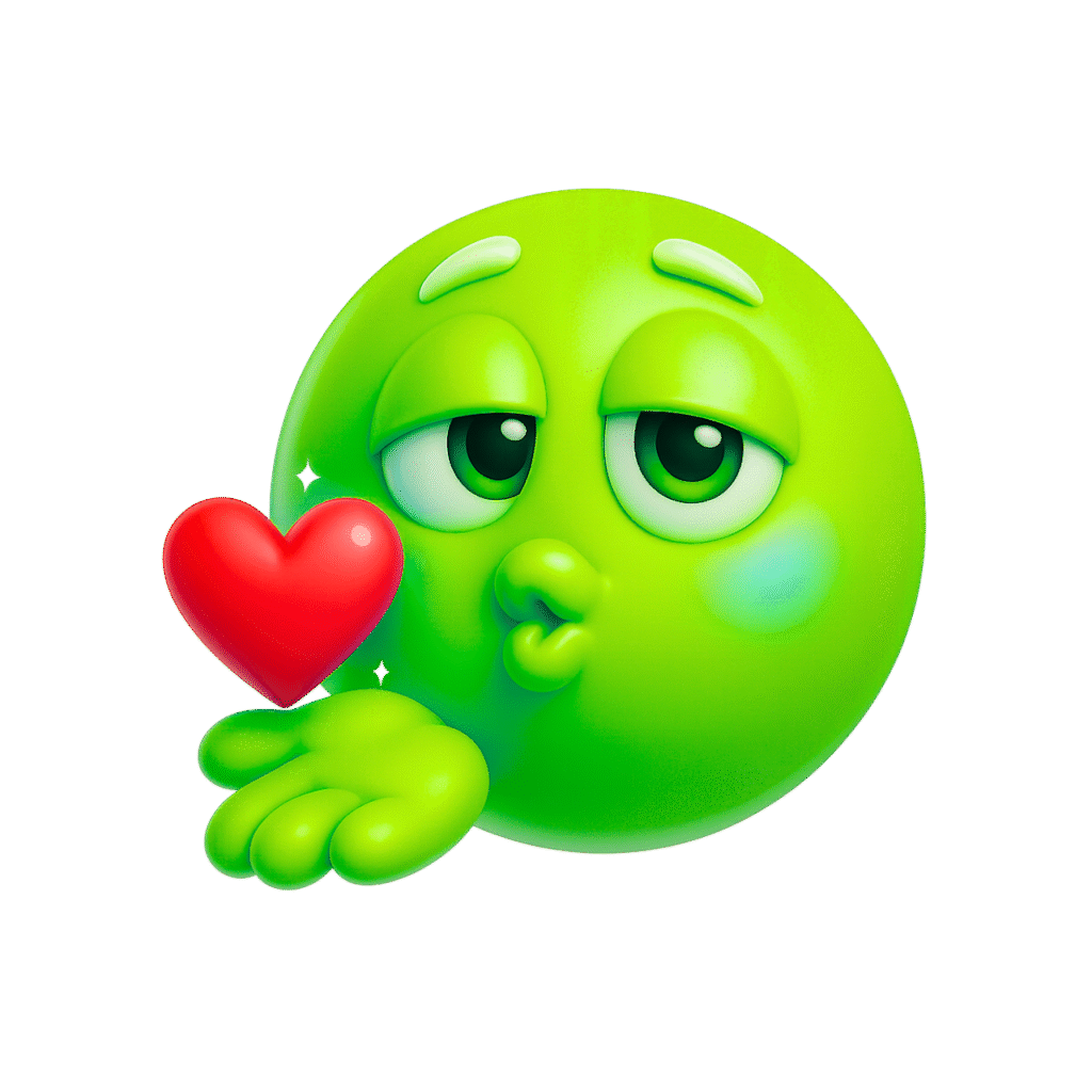 3D green kissy face emoji blowing a red heart kiss with cute dreamy eyes and cartoon hand on transparent background