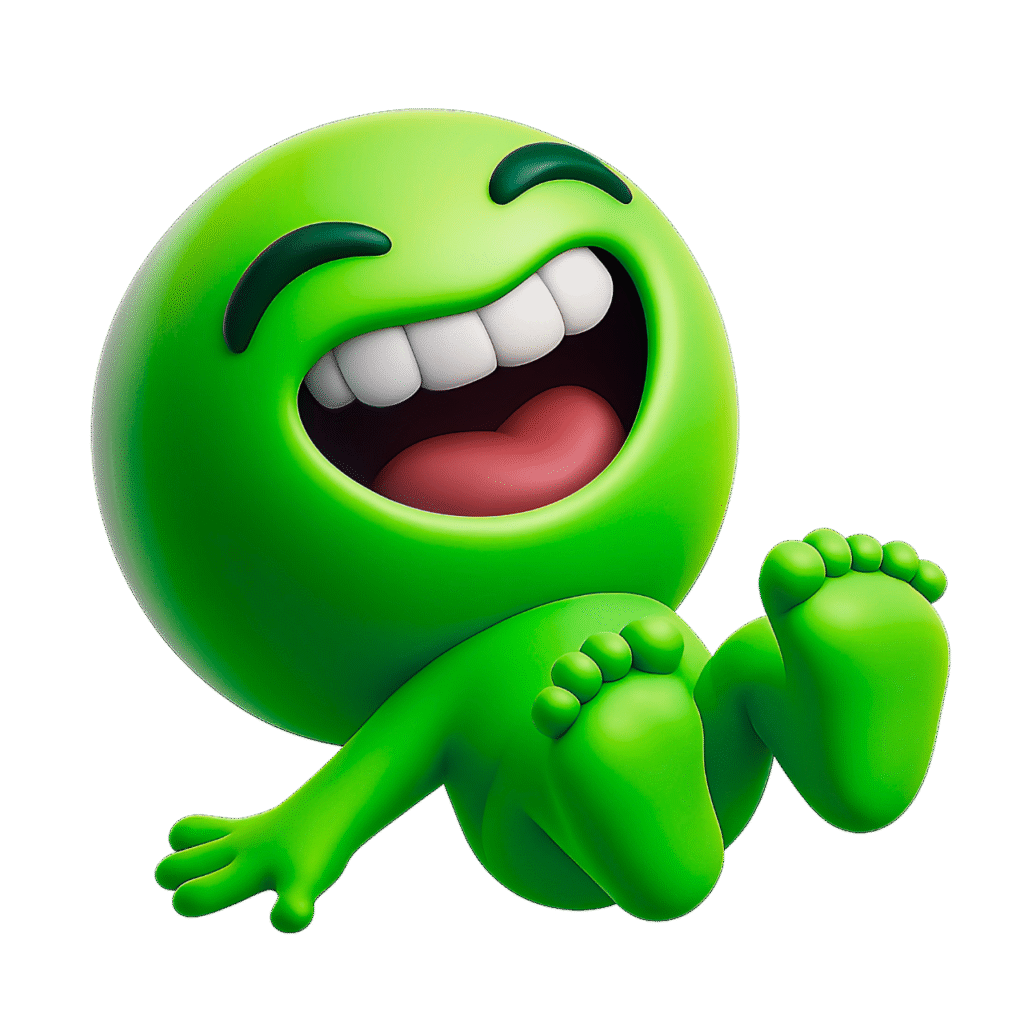3D green laughing emoji with wide smile and closed eyes, rolling on the floor in joy, transparent background