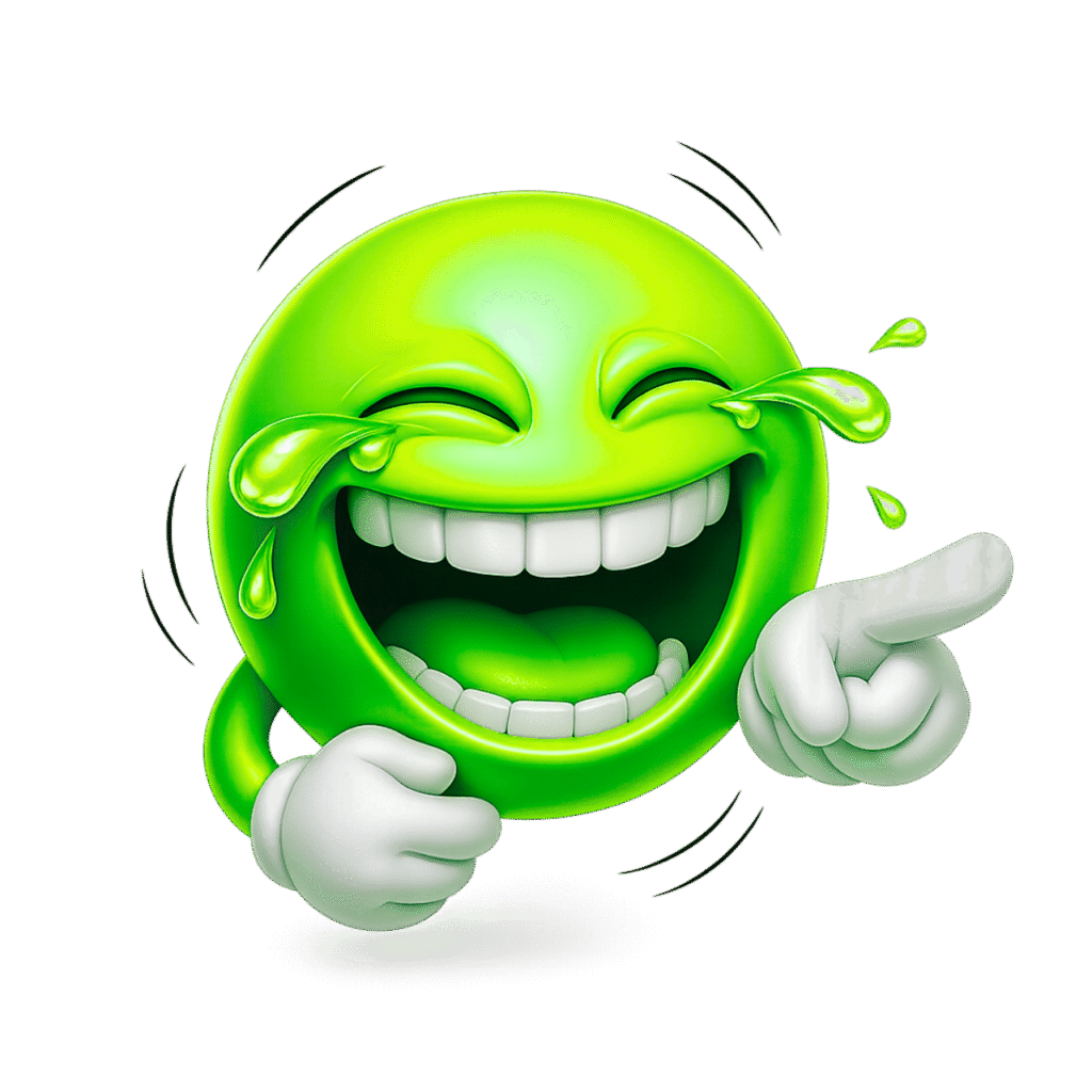 3D green laughing emoji with tears, pointing finger, white gloves, and wide smile on transparent background