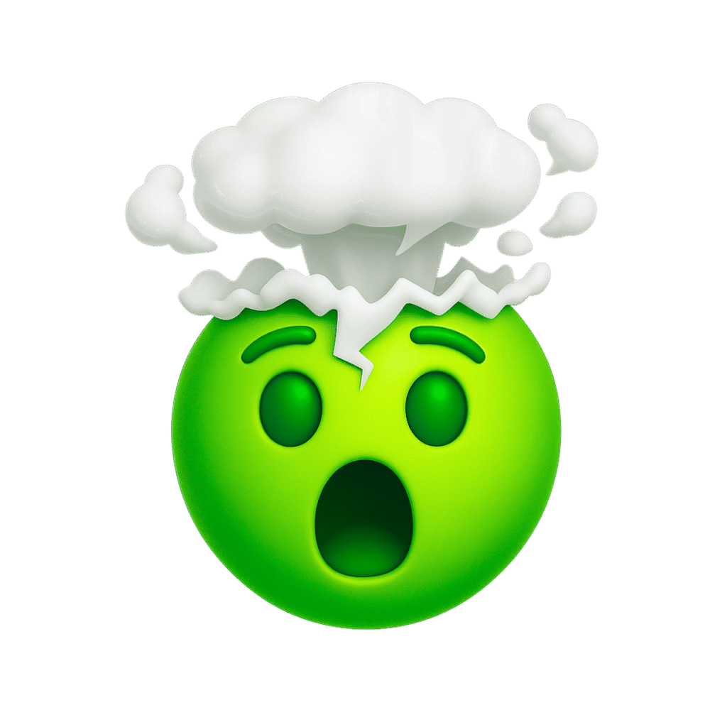 3D green mind blown emoji with surprised expression and exploding cloud on transparent background