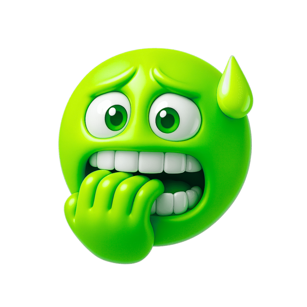 Green 3D emoji nervously biting nails with wide anxious eyes, clenched teeth, and sweat drop – PNG transparent background