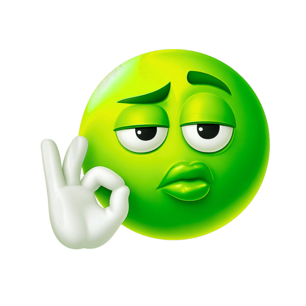 Glossy green 3D emoji with sassy pout, sleepy eyes, and OK hand gesture in white glove