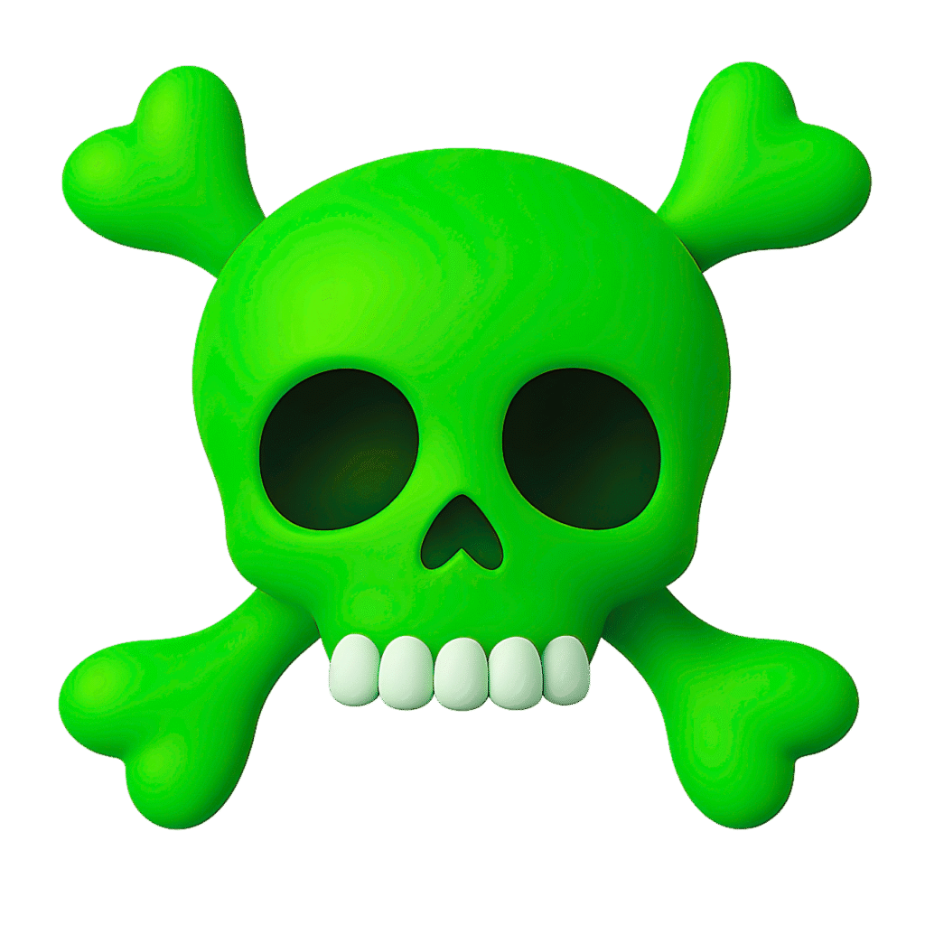 Green Skull Emoji PNG with Heart-Shaped Crossbones and Teeth – Transparent Background
