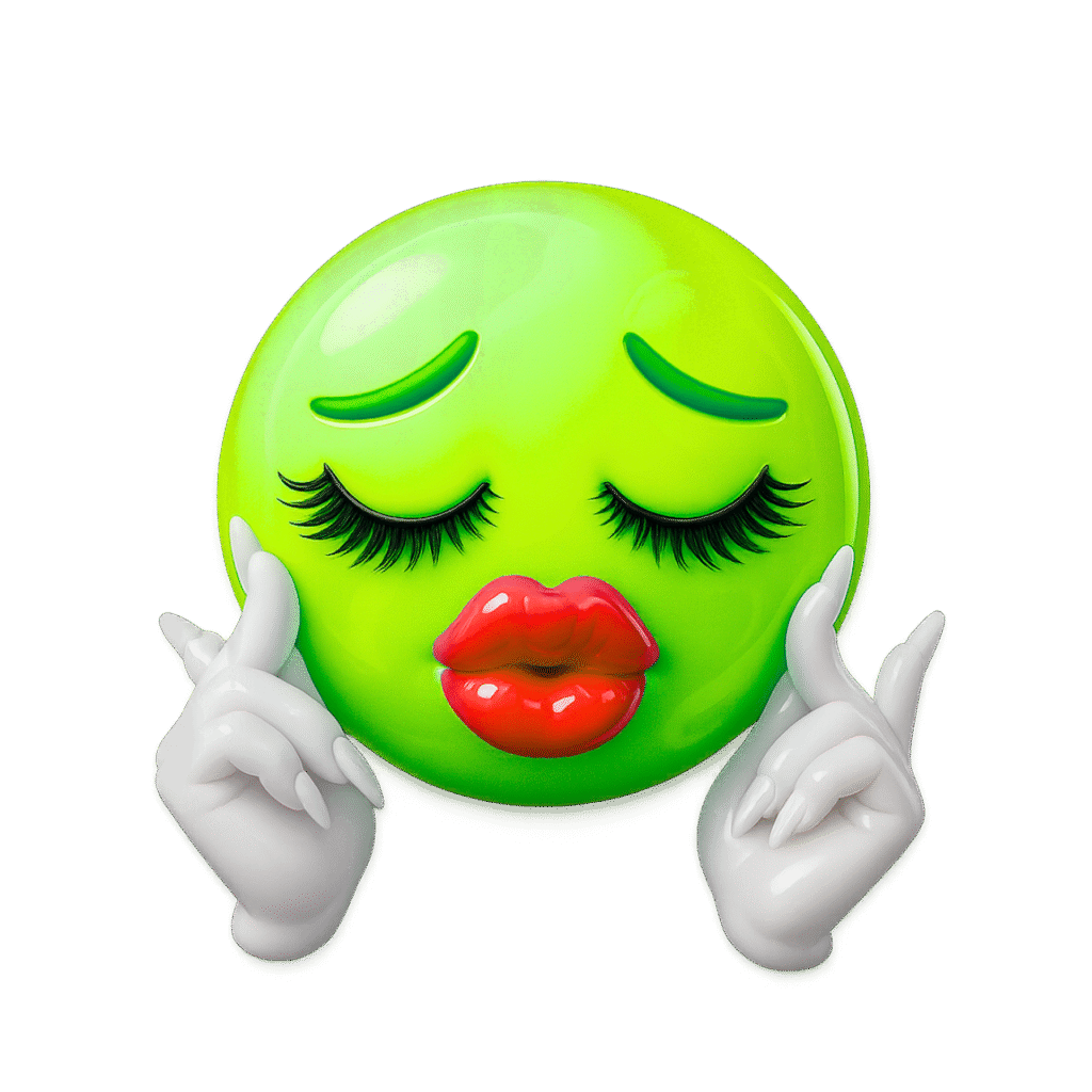 3D green sassy emoji with puckered red lips, closed eyes, thick lashes, and white acrylic-nailed hands on transparent background