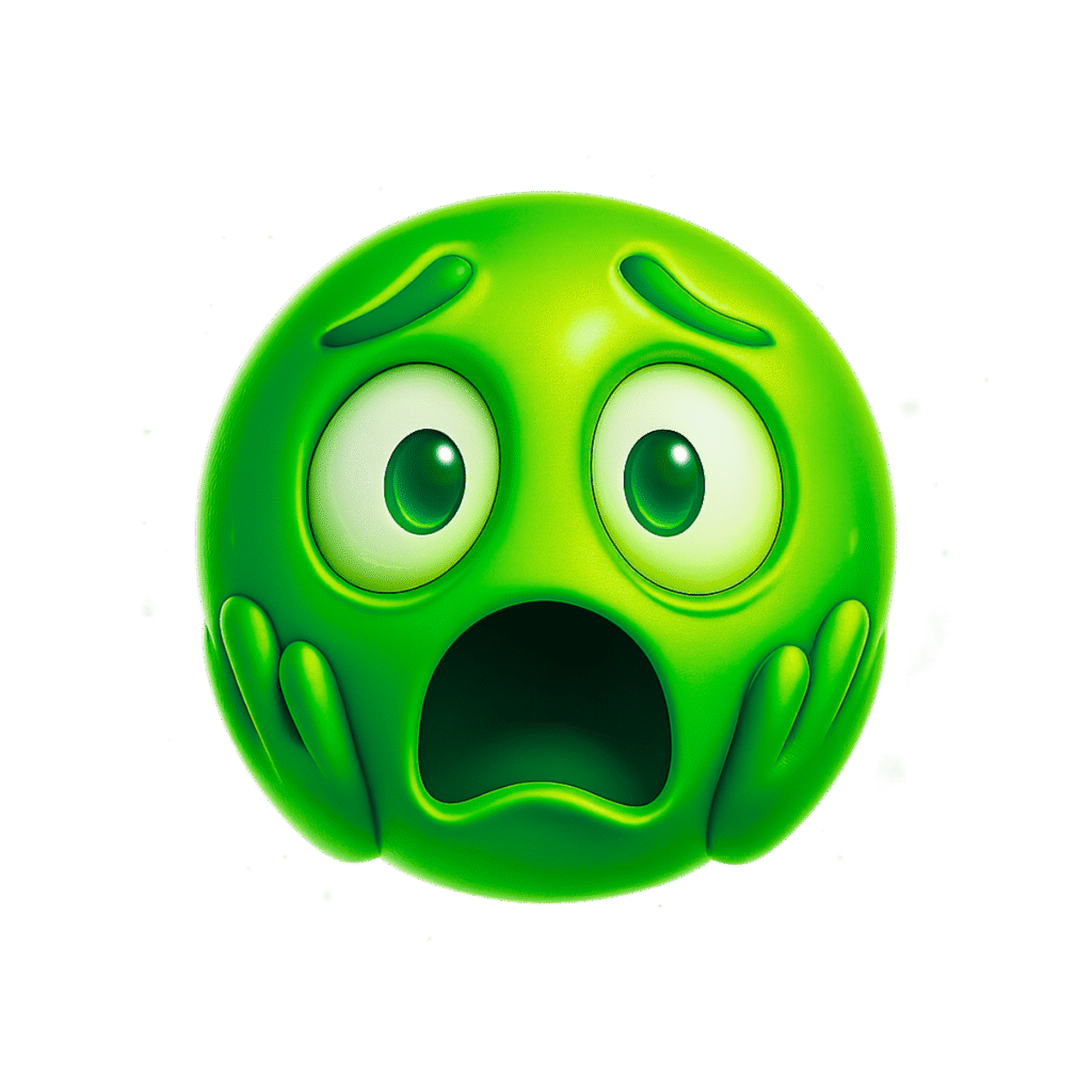 3D green emoji with wide open eyes, gaping mouth, and hands on cheeks showing a terrified shocked expression on transparent background