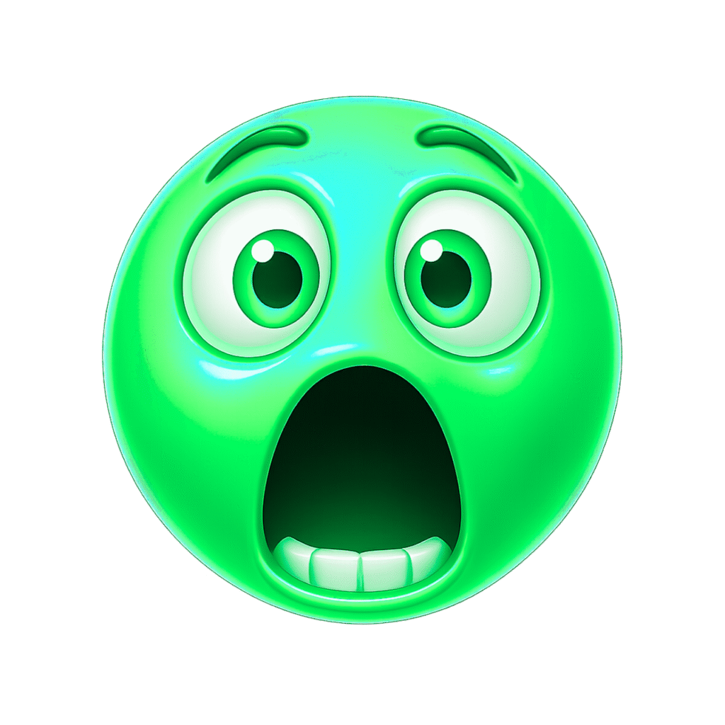 Glossy green 3D shocked emoji with wide eyes and open mouth on transparent background