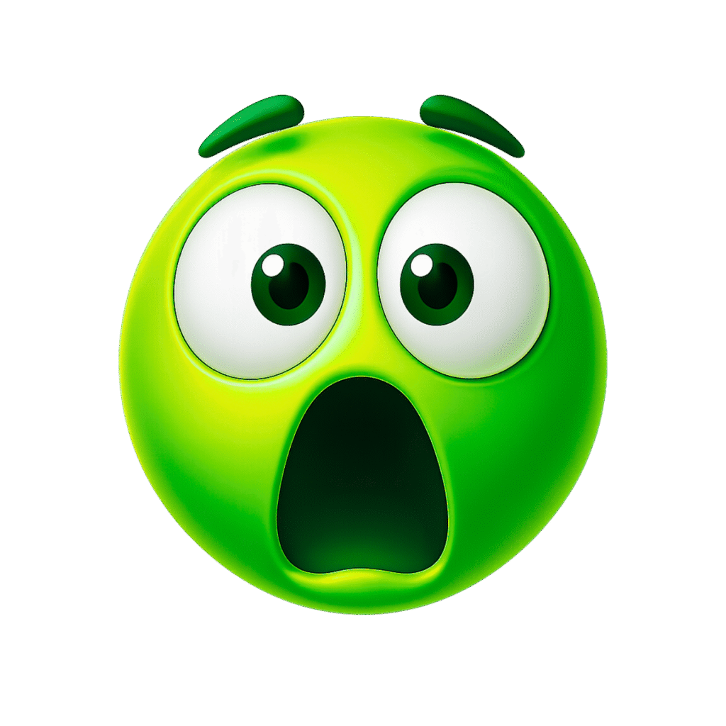 3D green shocked emoji face with wide eyes and open mouth on transparent background, expressing intense surprise or fear