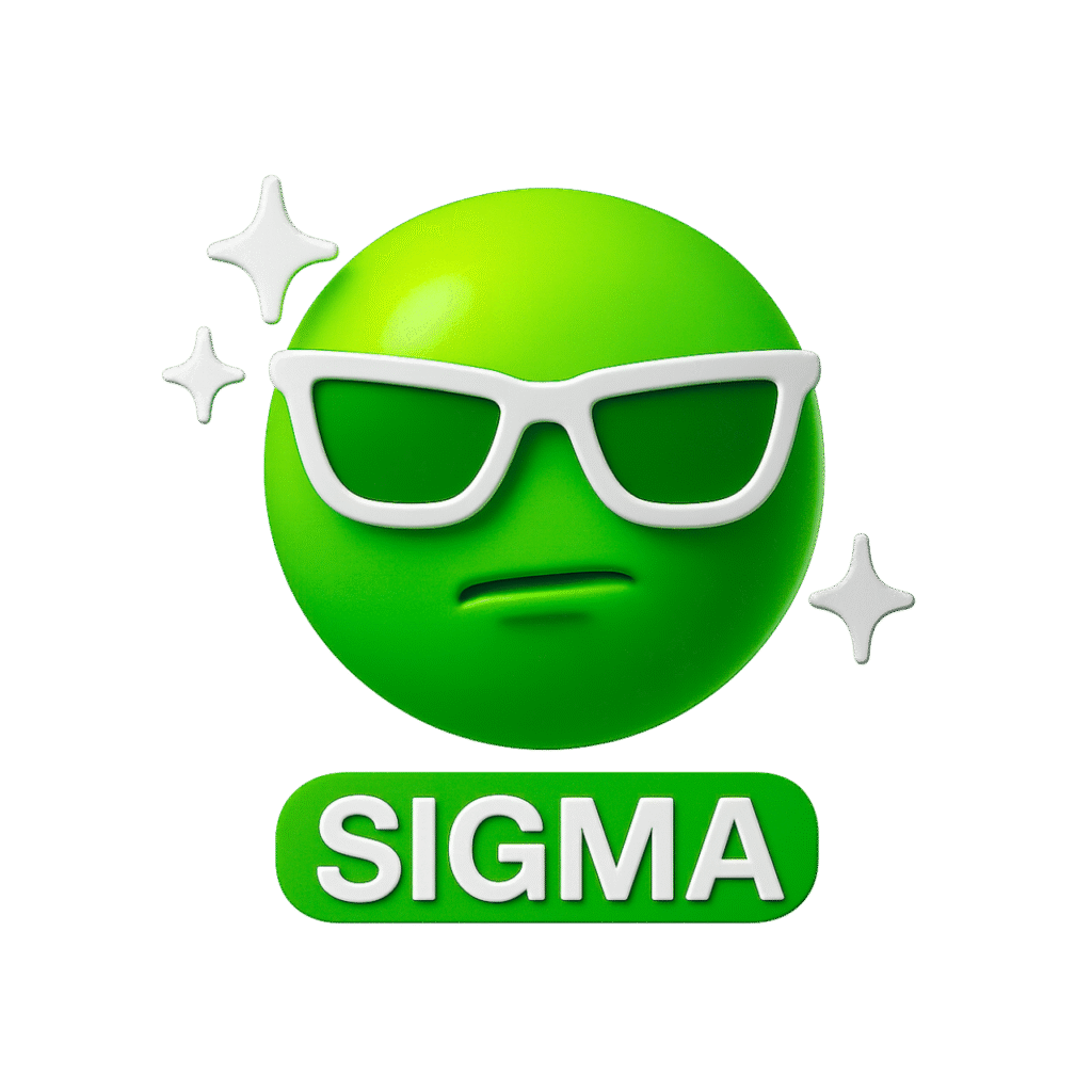 3D green sigma emoji with confident expression, white sunglasses, sparkle accents, and bold "SIGMA" label on transparent background.