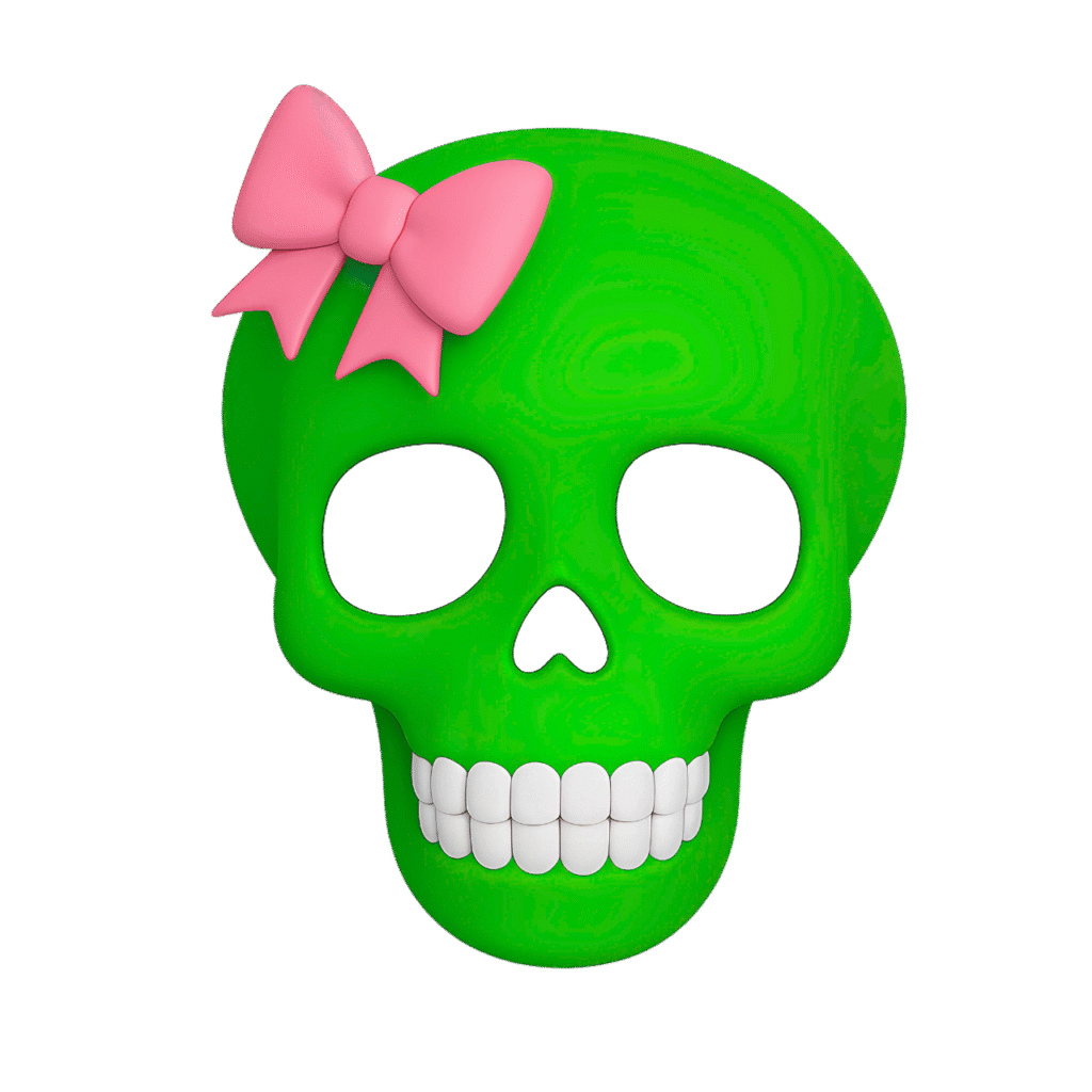 A vibrant neon green skull emoji wearing a pink bow, ideal for cute horror or quirky digital art with a transparent background.