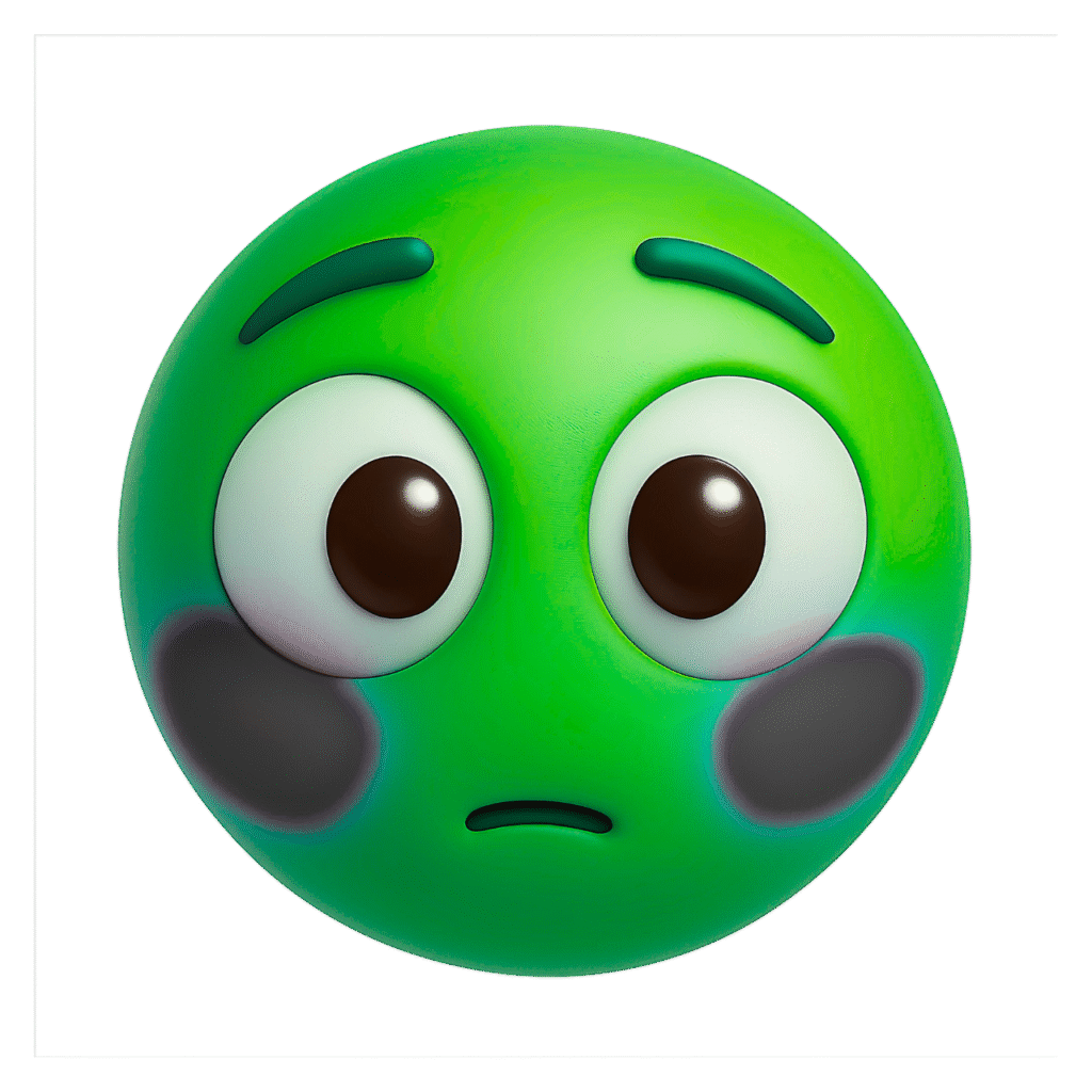 "3D Green Sus Emoji Face with Blushed Cheeks and Wide Eyes PNG Clipart on Transparent Background"