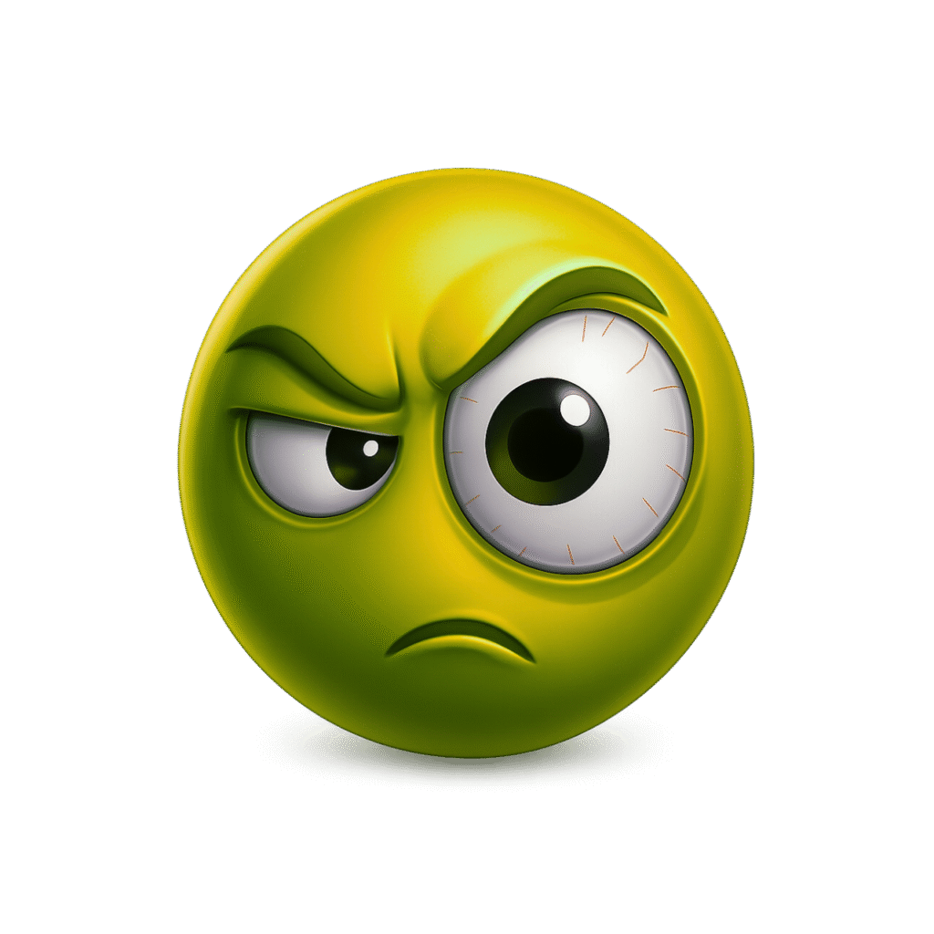 Suspicious green 3D emoji with a glossy finish, large bloodshot eye, angry brow, and a frowning mistrustful face