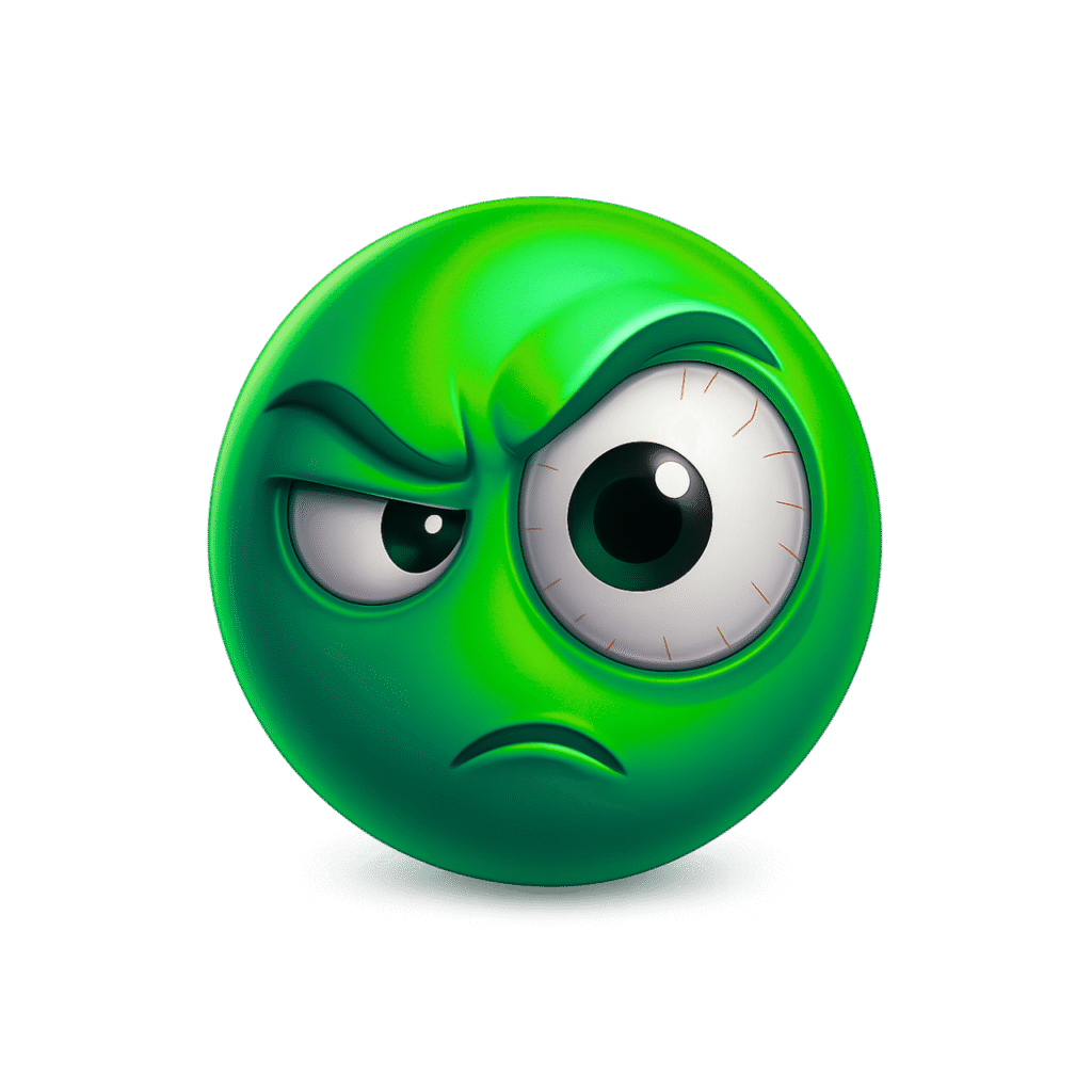 3D green emoji with angry brow, bloodshot wide eye, suspicious expression, and glossy finish on transparent background


