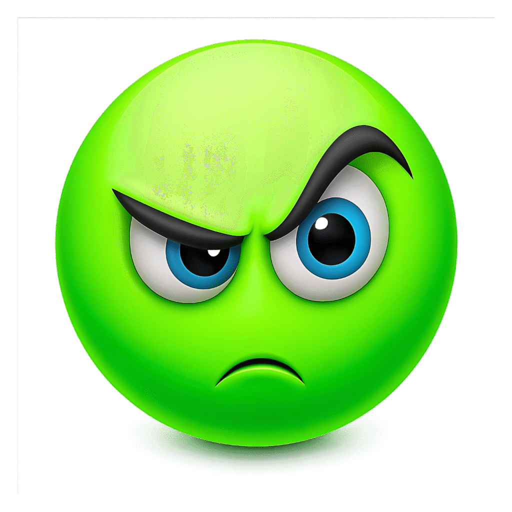 3D green angry emoji with arched black eyebrows and blue eyes showing a suspicious expression on transparent background