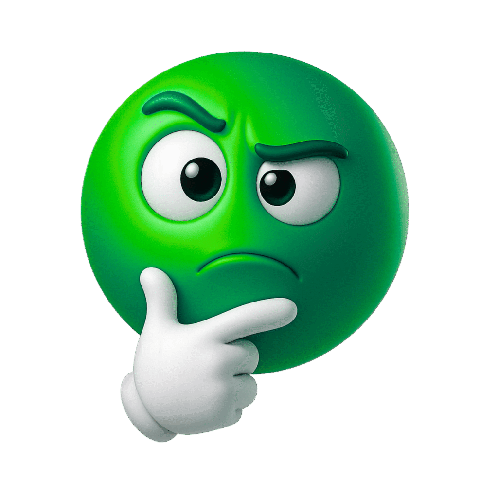 Bright Green 3D Thinking Emoji with White Glove Hand on Chin and Confused Eyebrows Transparent PNG