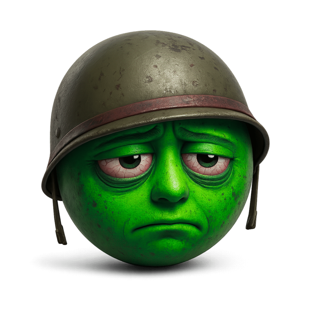 Green 3D emoji face with tired eyes and military helmet showing a thousand-yard stare