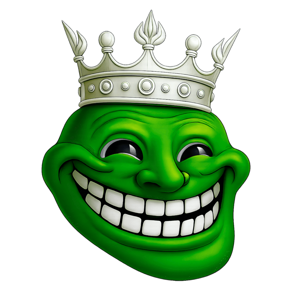 Green troll face meme with a detailed white crown on a transparent background in high-resolution PNG format