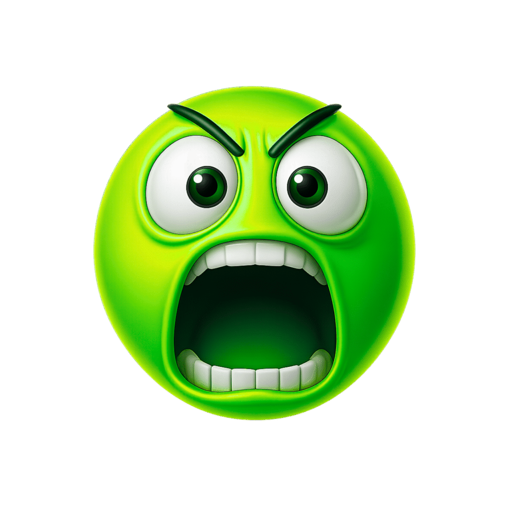 Green 3D yelling emoji with wide open mouth and angry expression on transparent background