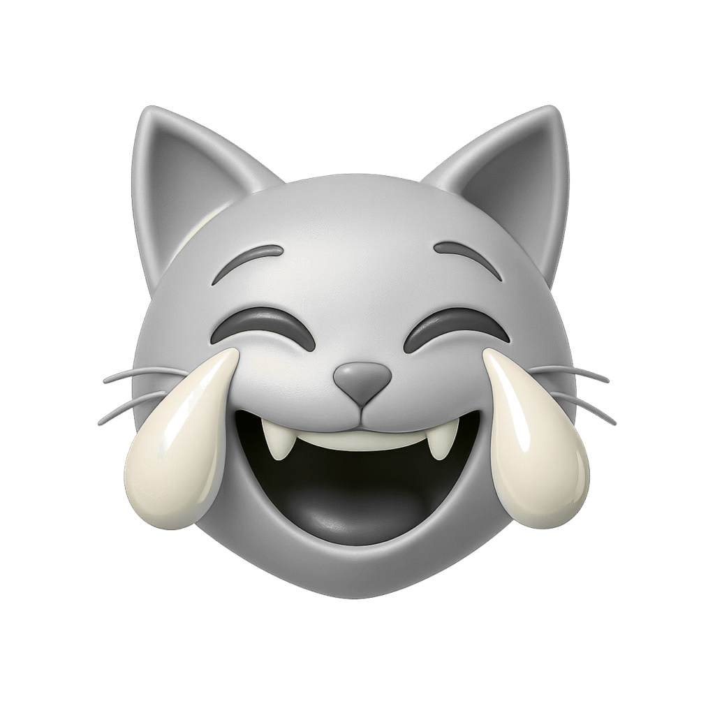 Grey 3D cat emoji laughing with large tears, showing joyful expression and fanged smile on transparent background